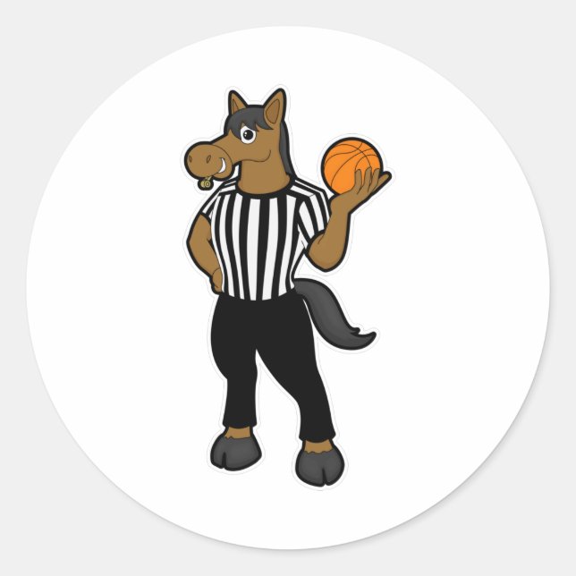 Pferd als Schiedsrichter mit Basketball & Pfeifen Runder Aufkleber (Vorderseite)
