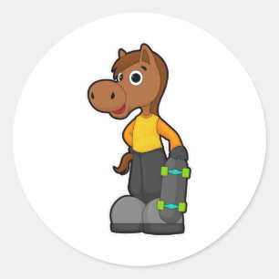 Pferd als Skater mit Skateboard Runder Aufkleber