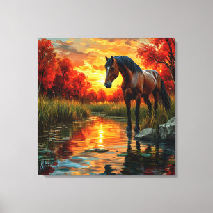 Pferd am Sonnenuntergangsbach in einem Herbstwald Leinwanddruck