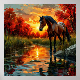 Pferd am Sonnenuntergangsbach in einem Herbstwald Poster