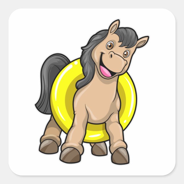 Pferd am Strand mit Schwimmring Quadratischer Aufkleber (Vorderseite)