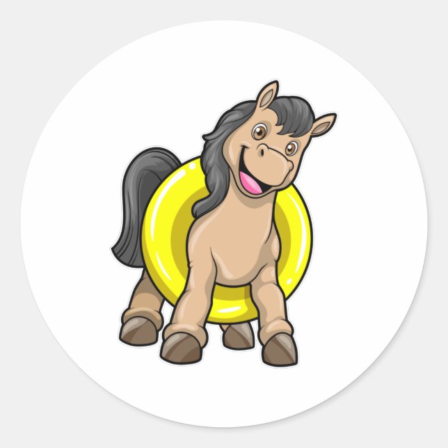 Pferd am Strand mit Schwimmring Runder Aufkleber (Vorderseite)