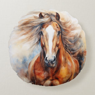 Pferd Aquarell Braun und Weiß Rundes Kissen