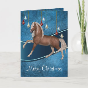 Pferd auf Blau mit Ribbon Frohe Weihnachtskarte 2 Feiertagskarte