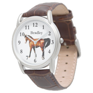 Pferd auf der männlichen klassischen braunen Leder Armbanduhr