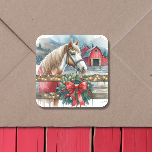 Pferd auf einem Bauernhof Weihnachten Quadratischer Aufkleber