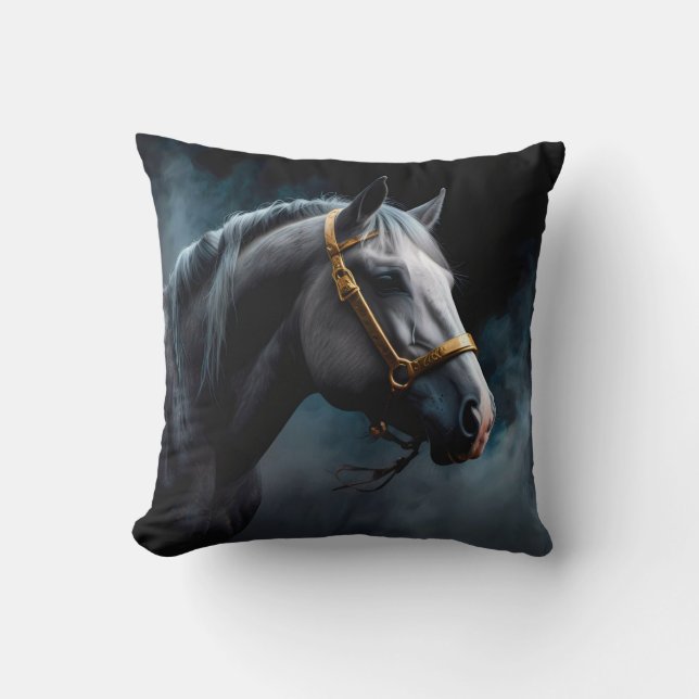 Pferd auf schwarzem Untergrund mit blauen Farbtöne Kissen (Vorderseite)