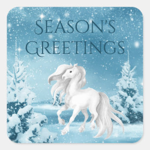 Pferd auf Snowy Night Season's Gruß Weihnachten Quadratischer Aufkleber