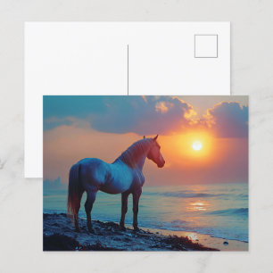 Pferd beobachten Sonnenuntergang am Meer Postkarte