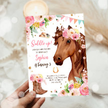 Pferd Birthday Invite Girl Cowgirl Pink Floral