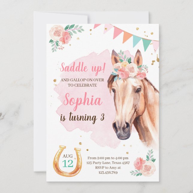 Pferd Birthday Invite Girl Cowgirl Pink Wasserfarb Einladung (Vorderseite)