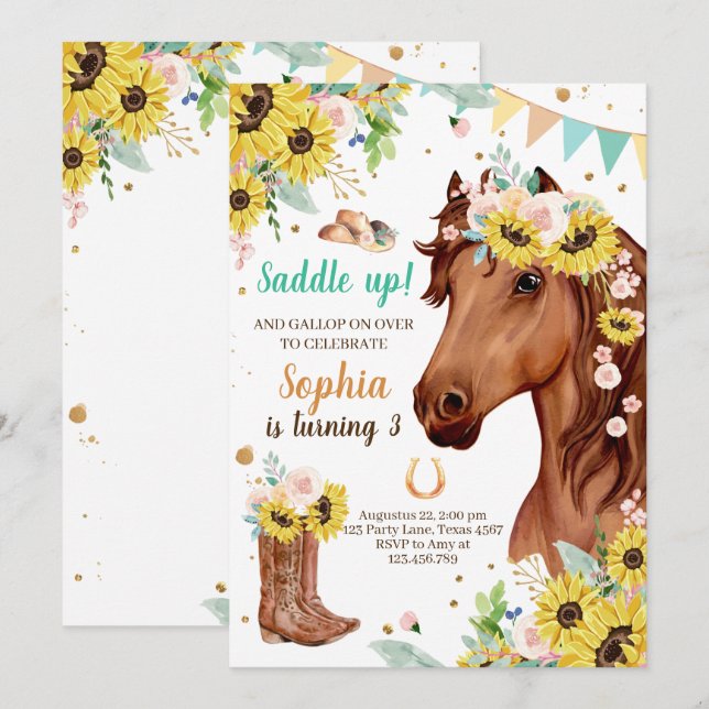 Pferd Birthday Invite Girl Cowgirl Sunflowers Pony Einladung (Vorne/Hinten)