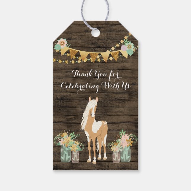 Pferd, Blume Rustikales Holz Geburtstag Danke Geschenkanhänger (Vorderseite)