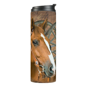 Pferd Cowboy-Stiefel Planwagenrad Sonnenblumen Wes Thermosbecher