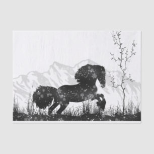 Pferd, das durch den Schnee-Winter-Berg stürmt Seidenpapier