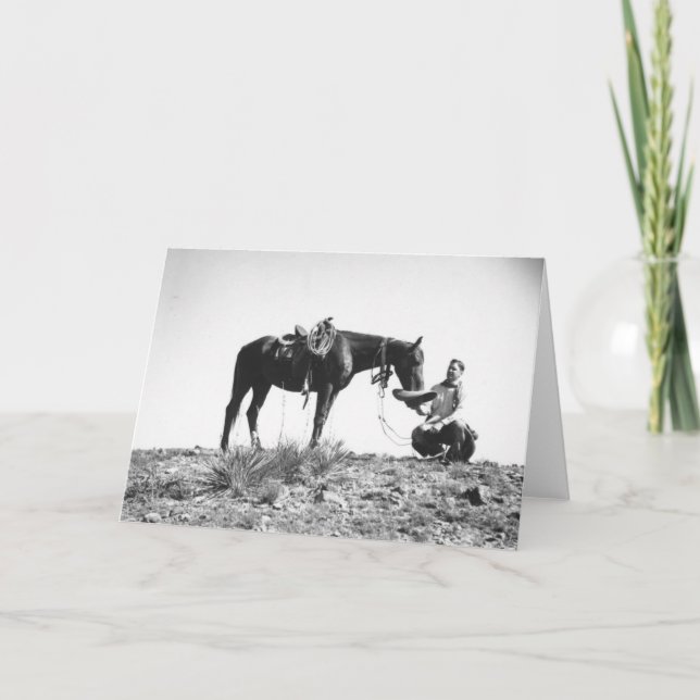Pferd, das von einem Cowboyhut isst Karte (Vorderseite)
