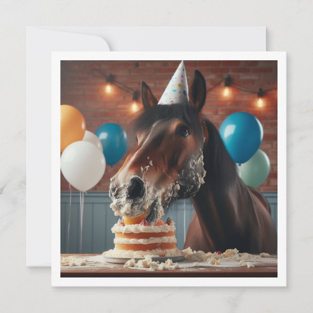 Pferd essen Kuchen Geburtstagseinladung, Pferdefre Einladung (Vorderseite)