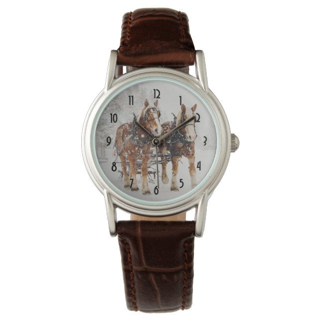 Pferd Gezeichnet Sleigh Weihnachtslandschaft Armbanduhr (Vorderseite)