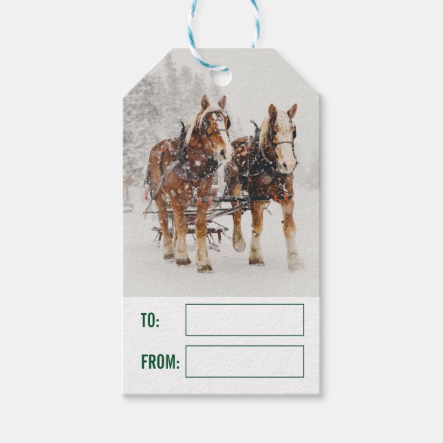 Pferd Gezeichnet Sleigh Weihnachtslandschaft Geschenkanhänger (Vorderseite)