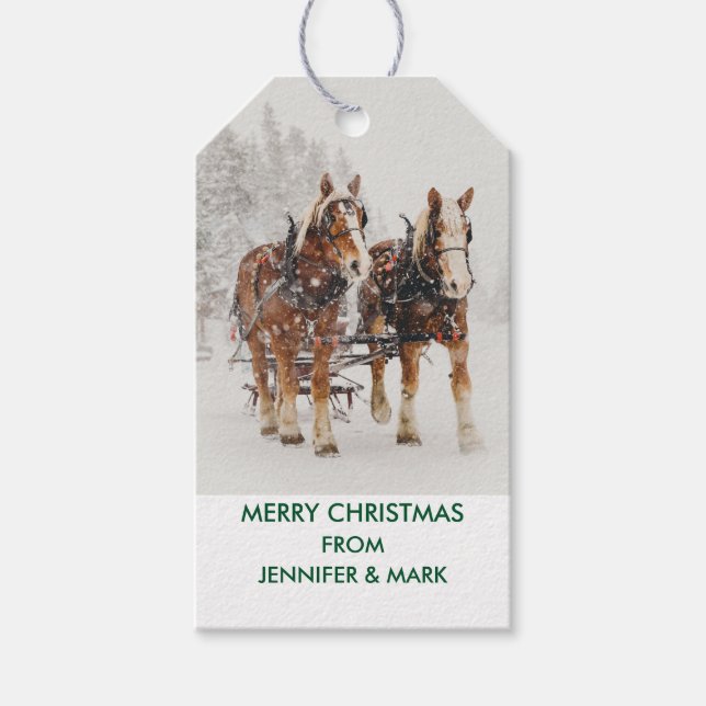 Pferd Gezeichnet Sleigh Weihnachtslandschaft Geschenkanhänger (Vorderseite)