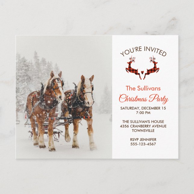 Pferd Gezeichnet Sleigh Winter Weihnachts-Party Postkarte (Vorderseite)