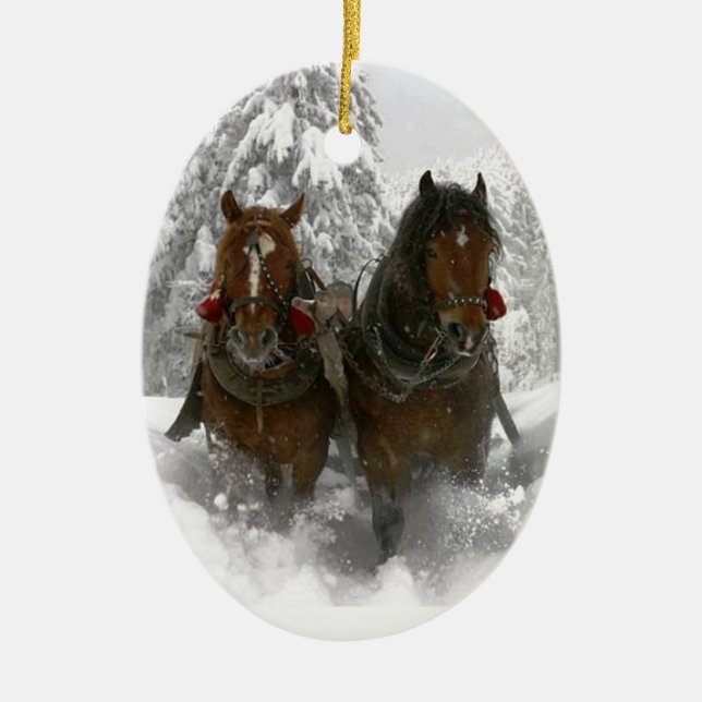 Pferd gezeichnetes Sleighweihnachten Keramik Ornament (Vorne)