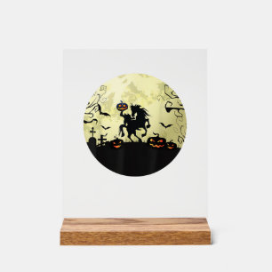 Pferd Halloween kopfloser Reiter Kürbis und Mond Acrylschild