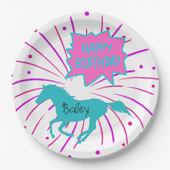 Pferd Happy Birthday Pink Lila Türkis Pappteller (Vorderseite)
