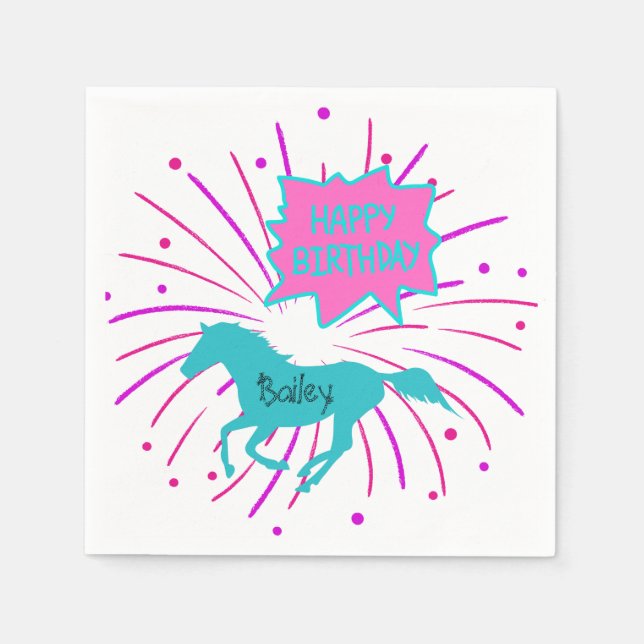 Pferd Happy Birthday Pink Lila Türkis Serviette (Vorderseite)