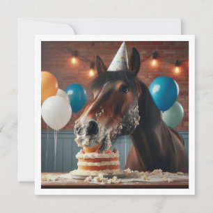 Pferd isst Geburtstagseinladung mit Kuchen, Pferde Einladung
