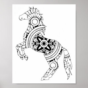 Pferd Mandala Zurück und Weiße Silhouette Zeichn Poster
