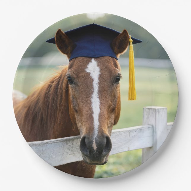 Pferd mit Abschlussmütze Pappteller (Vorderseite)