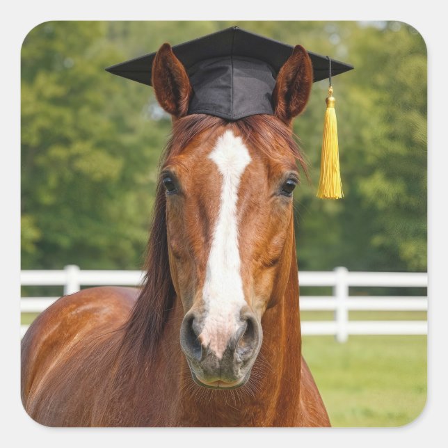 Pferd mit Absolventenhut Quadratischer Aufkleber (Vorderseite)