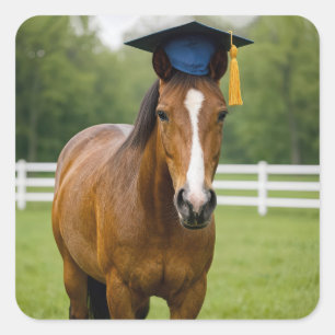 Pferd mit einem marineblauen Abschlusskäppi Quadratischer Aufkleber