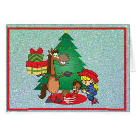Pferd mit Geschenken und Stick Horse Cowgirl Card