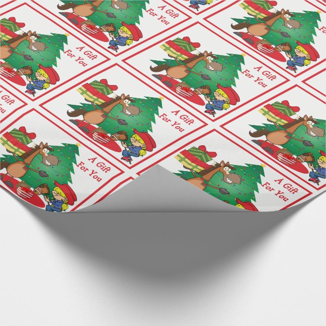 Pferd mit Geschenken und Stick Horse Cowgirl Gesch Geschenkpapier (Ecke)