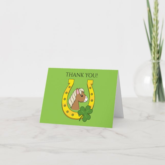 Pferd mit Golden Horse Shoe, Kleeblatt | Personali Dankeskarte (Vorderseite)