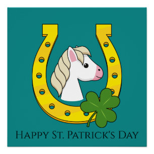 Pferd mit Golden Horse Shoe, Kleeblatt Personali Poster