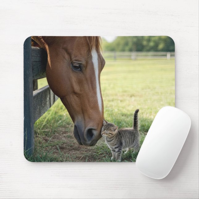 Pferd mit Kätzchen auf einer Weide Mousepad (Mit Mouse)