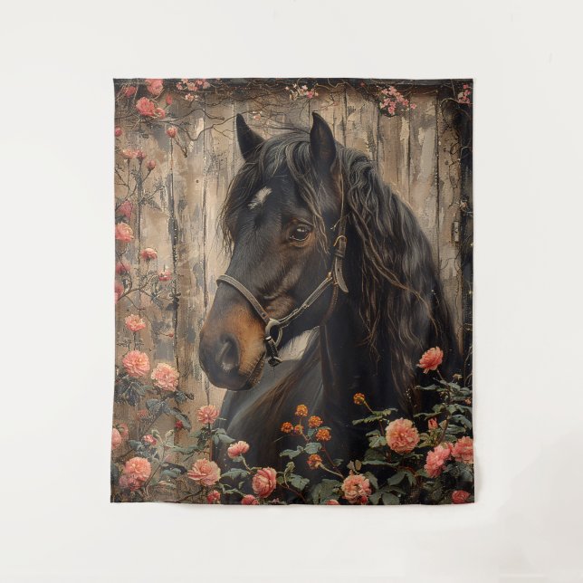Pferd mit rosa Blume Decoupage Wandteppich (Vorderseite)