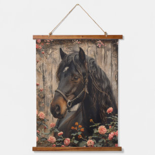Pferd mit rosa Blume Decoupage Wandteppich Mit Holzrahmen