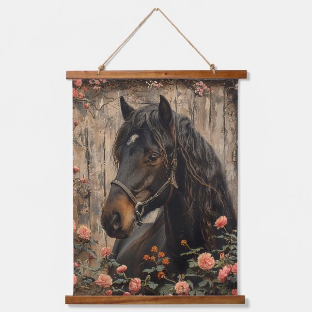 Pferd mit rosa Blume Decoupage Wandteppich Mit Holzrahmen (Vorderseite)