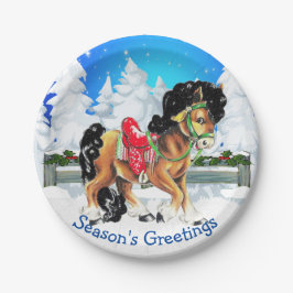 Pferd mit roter Sattelwinterlandschaft Pappteller