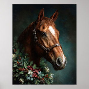 Pferd mit Weihnachtsgirlande und rotem Band Poster