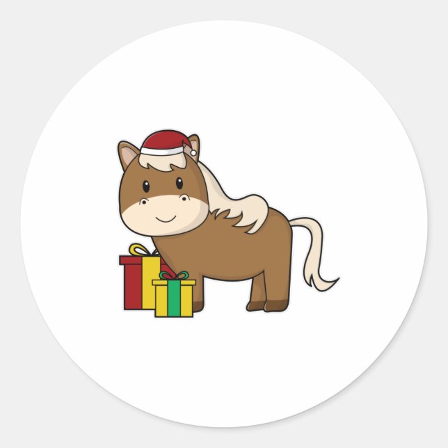 Pferd mit Weihnachtsmannmütze & Geschenken Runder Aufkleber (Vorderseite)