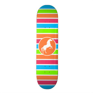 Pferd; Neon Orange Rosa Blaue Streifen Skateboard