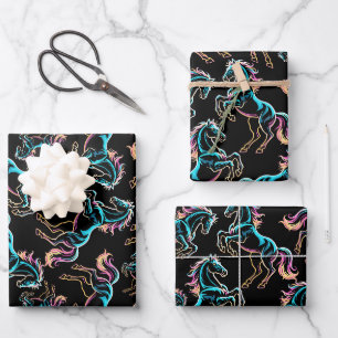 Pferd Neonlicht Glitch Retro-Stil Geschenkpapier Set