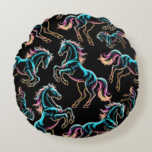 Pferd Neonlicht Glitch Retro-Stil Rundes Kissen