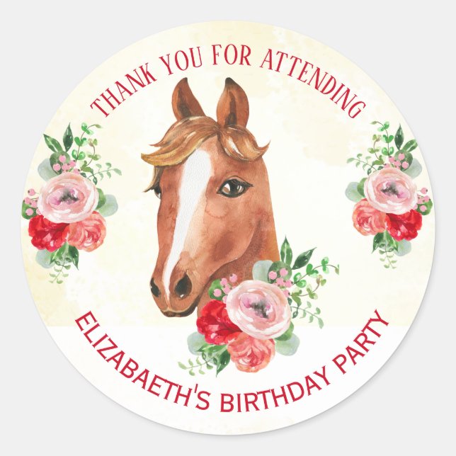 Pferd Rosa Floral Geburtstag Runder Aufkleber (Vorderseite)
