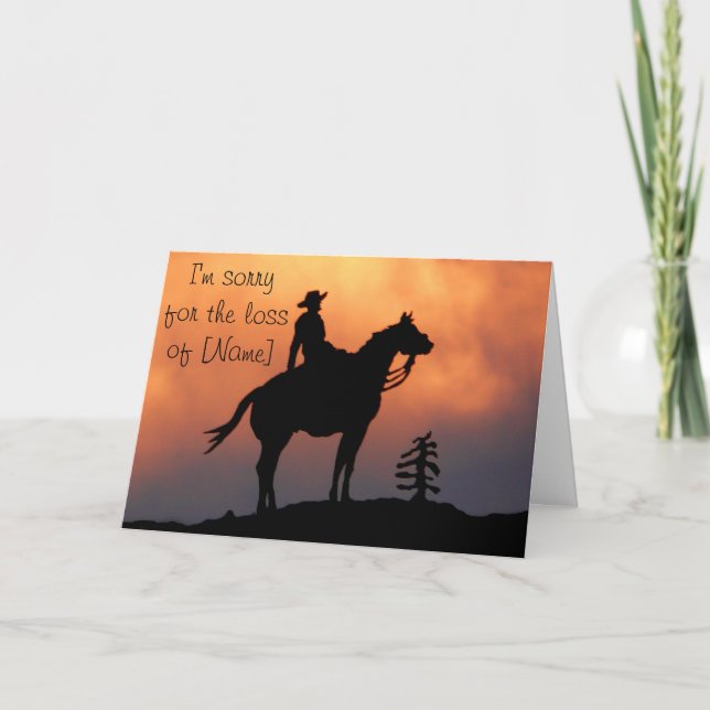 Pferd u. Reiter an der Sonnenuntergang-Silhouette Karte (Vorderseite)